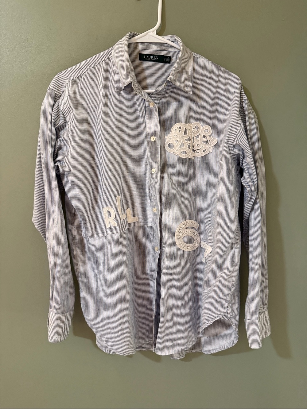 Ralph Lauren Sz small Blue White Logo Patchwork Stripe Linen Tunic Shirt Top